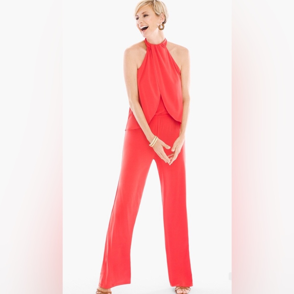 Chicos Stretch Knit Popover Halter Straight Leg Jumpsuit Garibaldi Orange